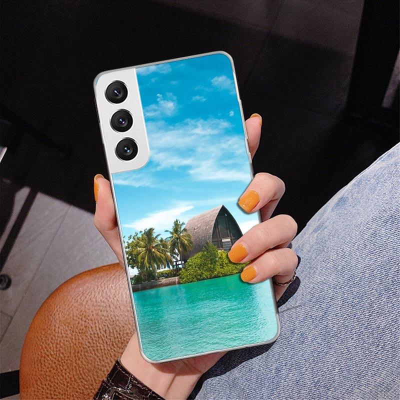 Sommerstrand-Sonnenuntergangs-Meerpalmen-Handyhülle für Samsung Galaxy S24 S25 Edge S26 Ultra S23 S22 S21 Plus S20 FE + personalisiertes Pr