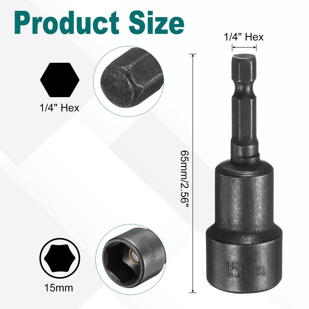 2pcs 1/4 Hex Shank 15-19mm Magnetic Hex Socket CR-V Steel Quick-Release Impact Driver Socket Wrench for Impact Drill Power Nut