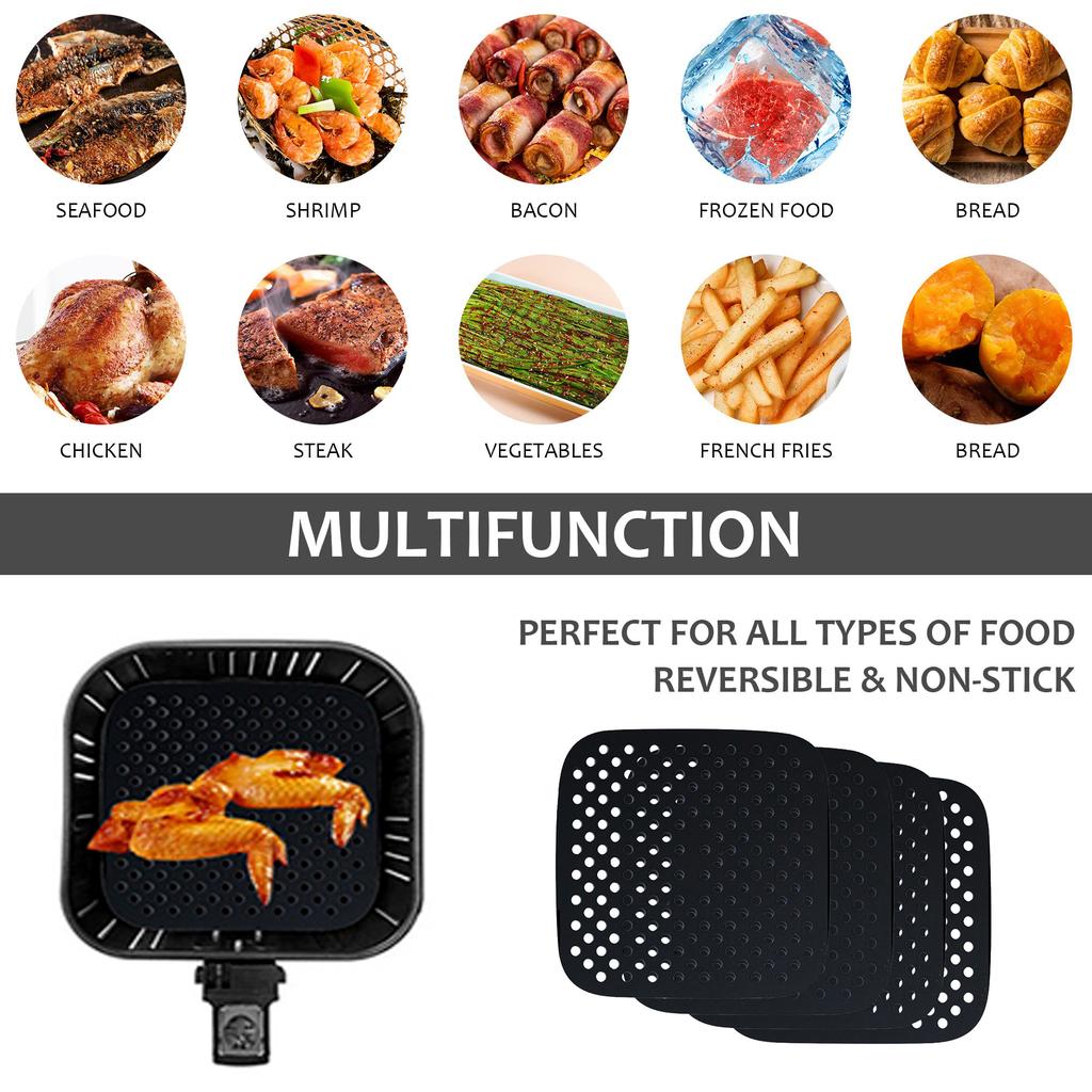 Reusable Silicone Airs Fryer Liners with Airs Fryer Magnetic Cheat Sheet, Easy Clean Airs Fryer Accessories, Non Stick (Square 8.5")