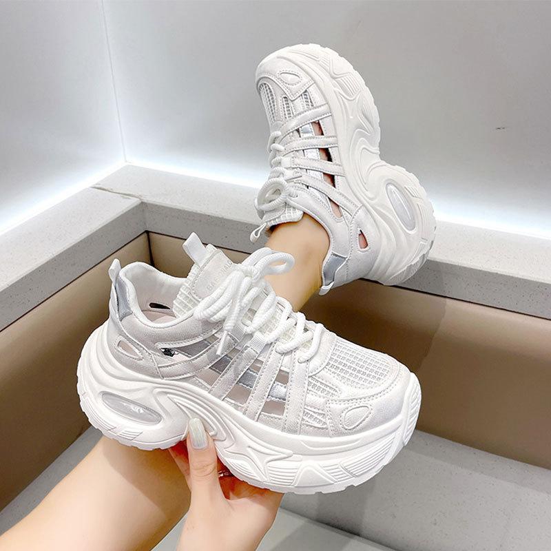 Thick-soled heightening hollow breathable dad shoes women's 2025 summer thin mesh shoes casual sports shoes bag head sandals