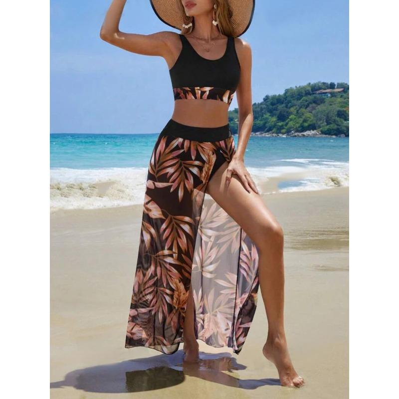 2026 Print Three Pieces Bikini With Vent Long Skirt Swimsuit Women Swimwear Female Bather Bathing Swimming Swim Suit Beachwear