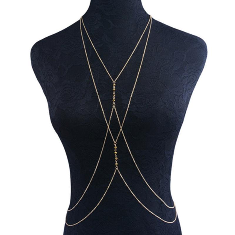 Fashion Versatile Crystal Breast Chain, Sexy Women's Body Clothing Chain, Double Cross OT Buckle Necklace