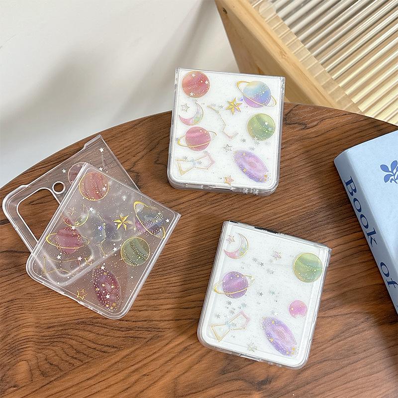 Applicable To Samsung Zflip6 Airbag Anti-Drop Mobile Phone Case Folding Screen Flip W24Flip Planet Glitter Female Model