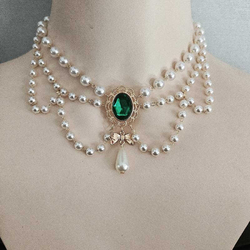 Elegant Black Layered Necklace Vintage Imitation Pearl Necklaces Gothic Victorian Lolita Costume Necklaces for Bridal Wedding