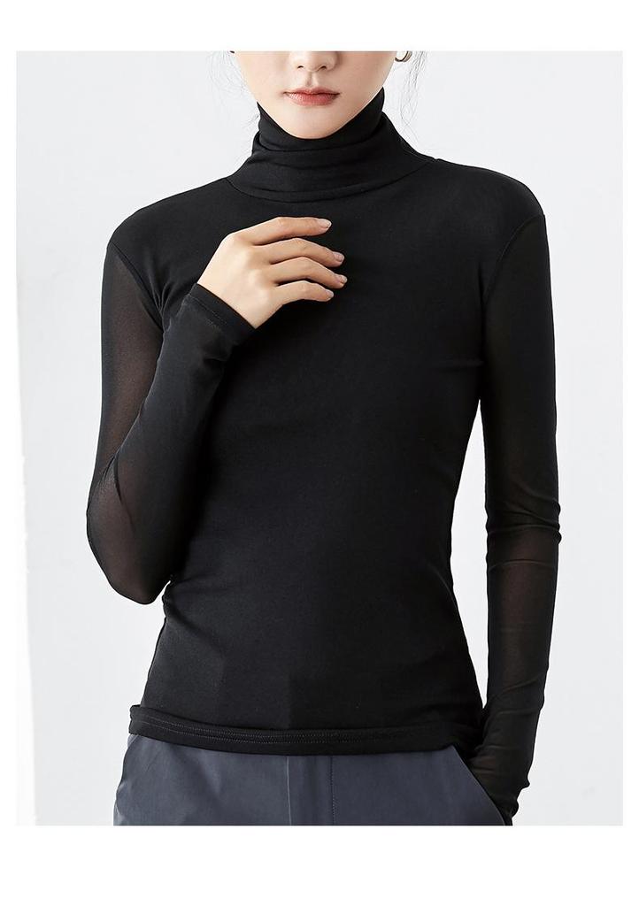 Women's Velvet Mesh High-Neck Base Layer: Long-Sleeve, Solid Color, Slim Fit for Autumn/Winter 2023