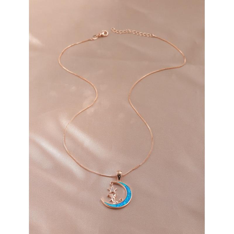 

Personalized rose gold blue and white moon cat touch star versatile pendant necklace