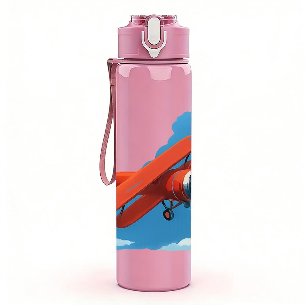 1PC Red Airplane Blue Sky Scene 750ml Color Plastic Sports Water Bottle Leakproof Flip Straw Lid For Sports Office Home Use