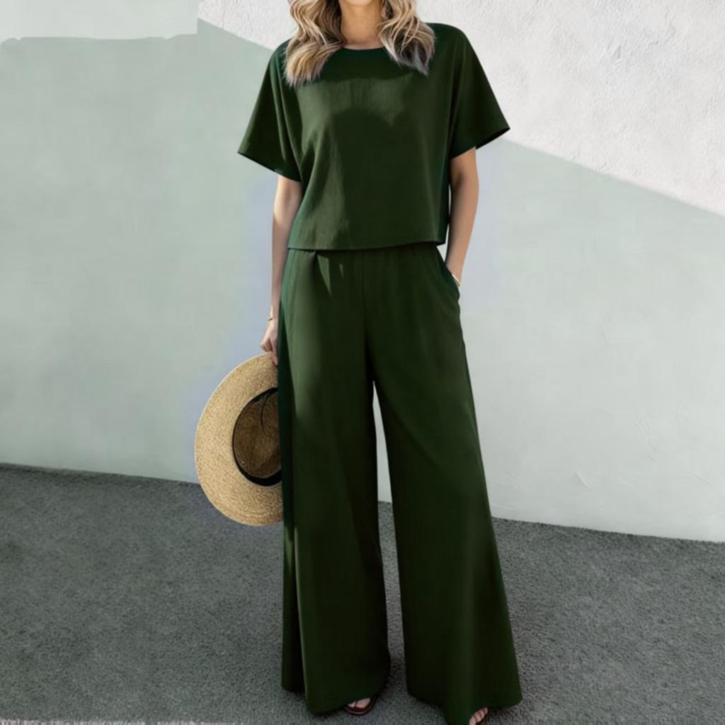 Fashion Women's Casual Top Wide Leg Pants Set Cotton Linen Pants Top Two-piece Set