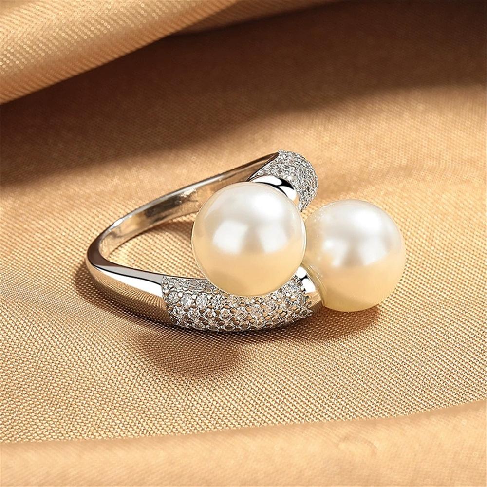 Charm Female White Pearl Zircon Stone Silver Color Wedding Rings Promise Open Adjustable Engagement  For Women