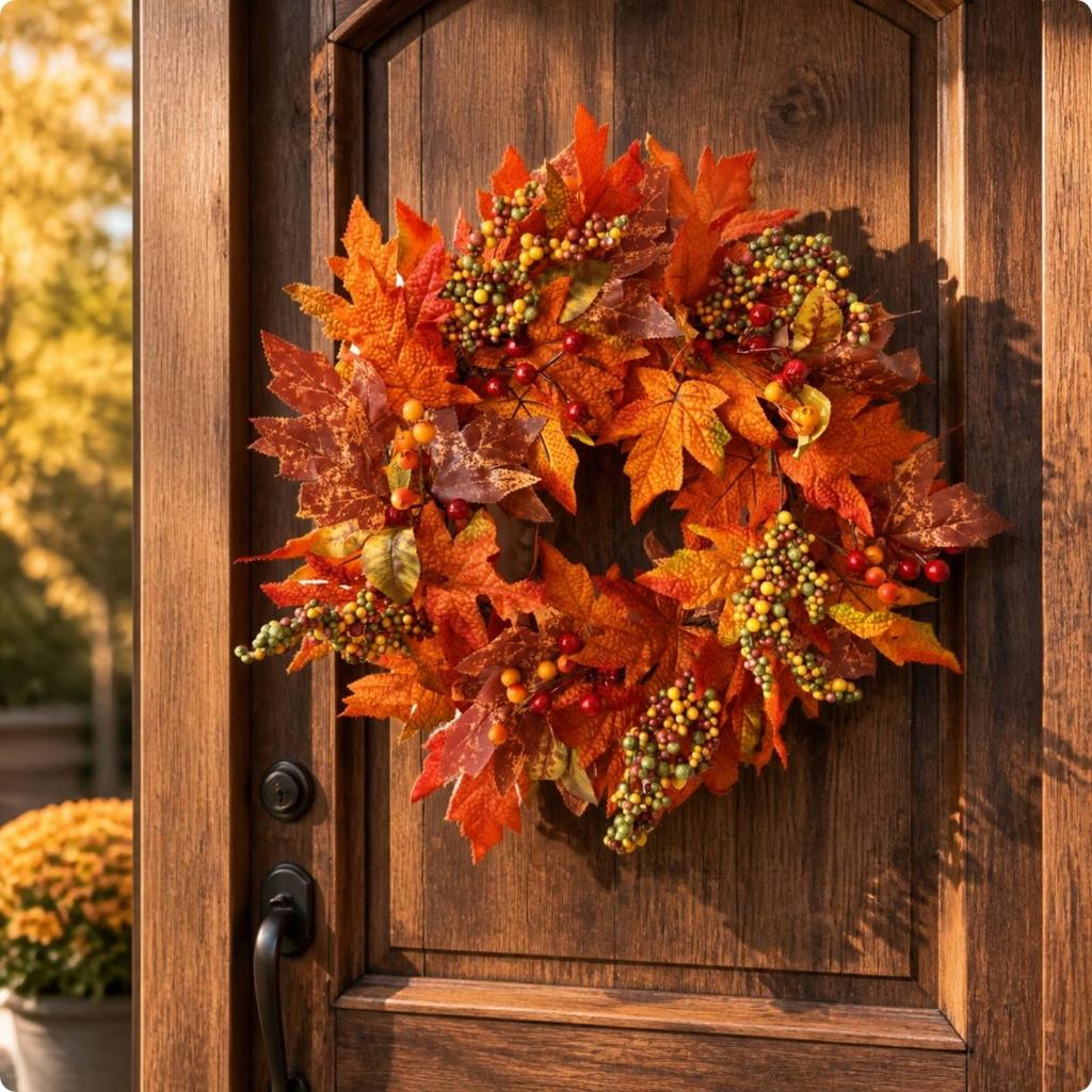 Door Wreath with Maple Leaves and Berries Artificial Fall Plump for Porch