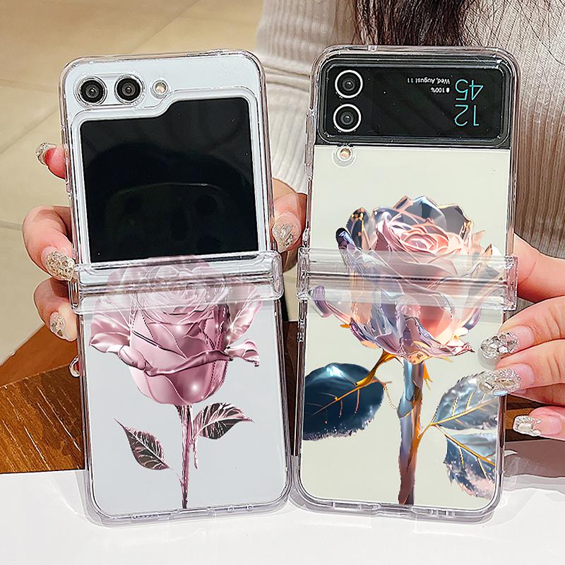 Rose Pattern Clear Phone Case For Samsung Galaxy Z Flip6 Flip5 Flip4 5G Hard PC Flower Folding Cover For Samsung Z Flip 6 5 4 3