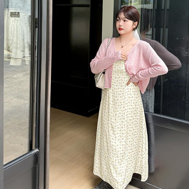 Large size women's clothing sweet small floral suspender skirt summer new waist and meat temperament medium and long skirt 232140