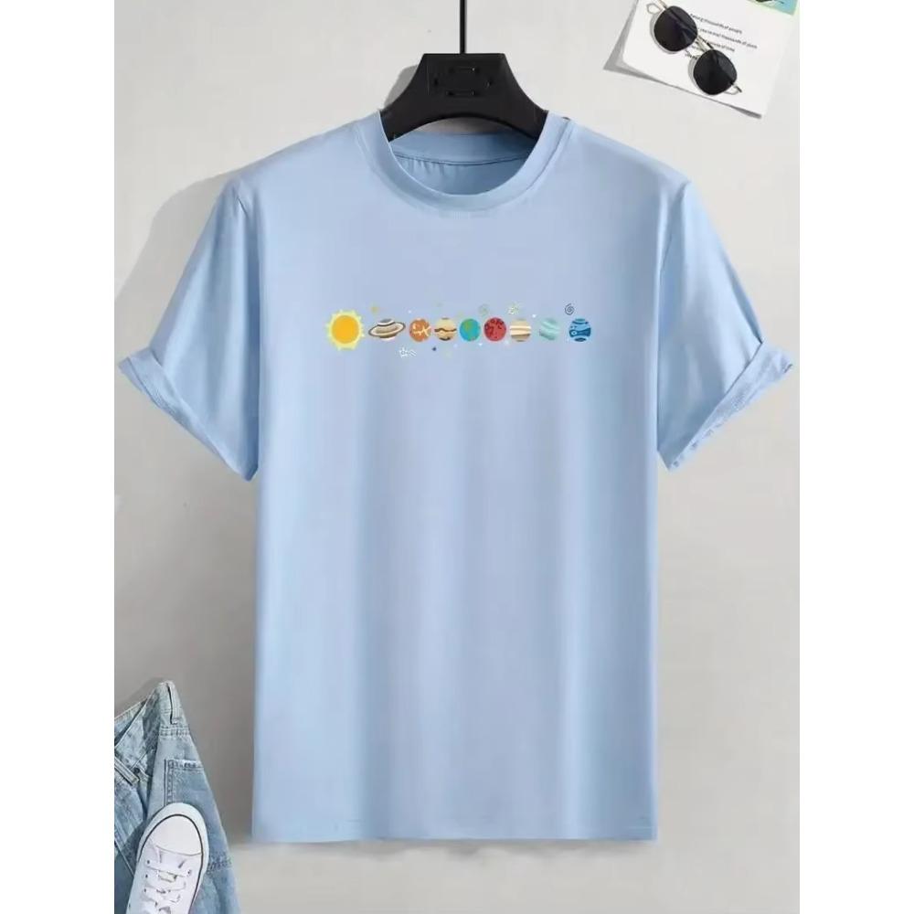 New Men's Cartoon Astronaut and Planet Print T-Shirt Best Selling Cotton Short Sleeve Top Bag Shipping