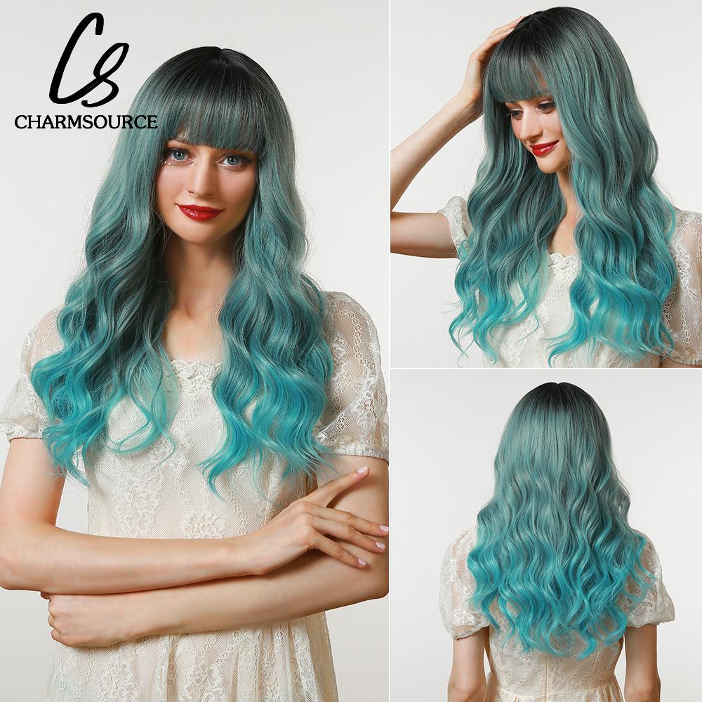 

Длинный натуральный волнистый парик CharmSource с аккуратной челкой/бахромой для женщин, синтетические парики с розовыми волосами, термостойкое волокно для косплея, вечеринки LC6162-1