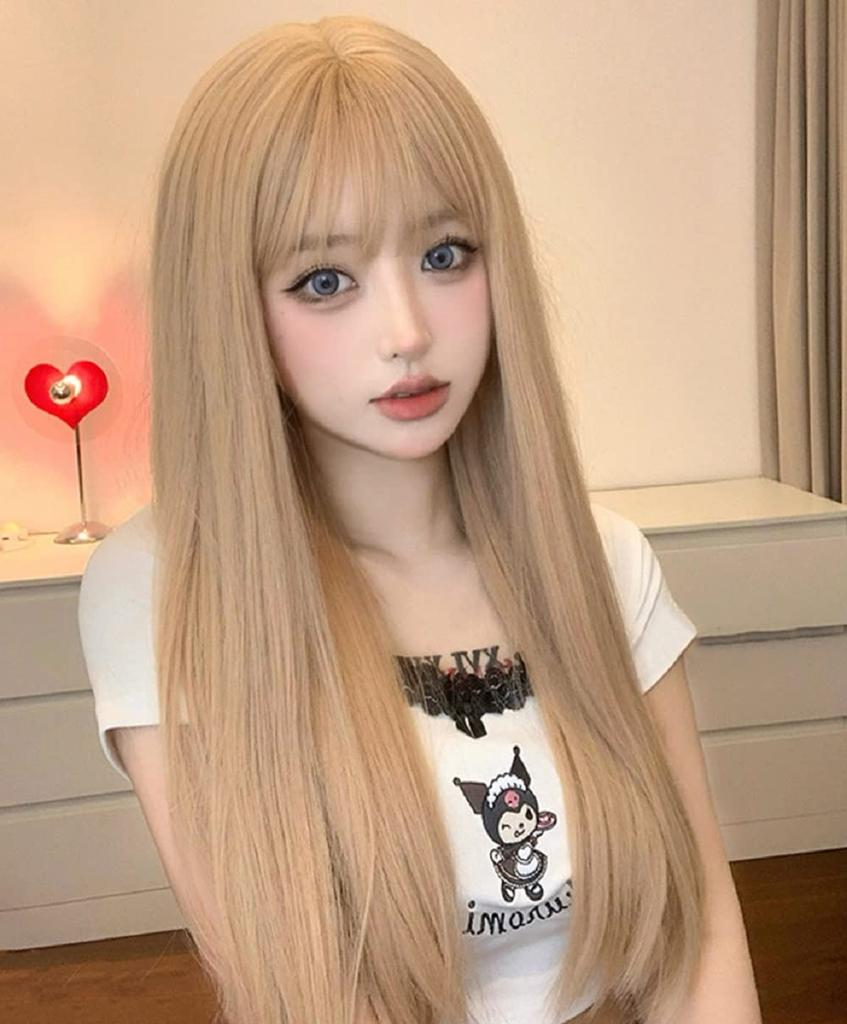 Akixen Wig Long Straight Gold Wig White Gold Harajuku Style Small Face Heat Resistant Cosplay Hair Net Fashion Event Halloween Disguise Costume