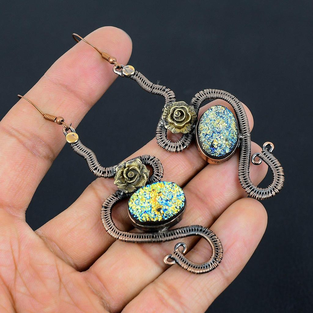 Titanium Druzy 999 Copper Wire Wrapped Earrings, Handmade Gemstone Earrings Jewelry, Gifts For Wife Brand New Earrings