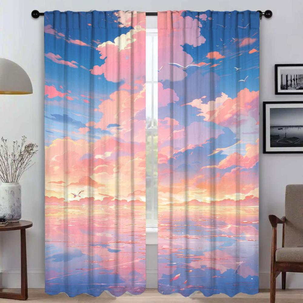 Home Interior Curtains for Living Room Curtain Sky and Ocean Shades Anti-mosquito Curtains 2 Pieces Tulle for Bedroom Partition