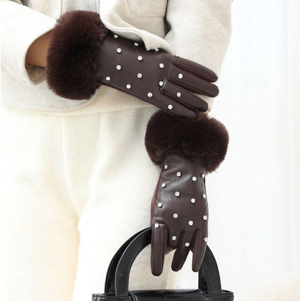 Velvet Rhinestone Winter Gloves Soft Women Warm Mittens All-Match Pu Leather Gloves  Autumn