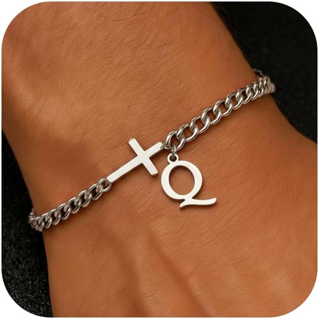 Men Cross Cuban Chain Bracelets for Men Initial A-Z Faith Cross Bracelets, Stainless Steel Initial Bracelet Religious Jewelry