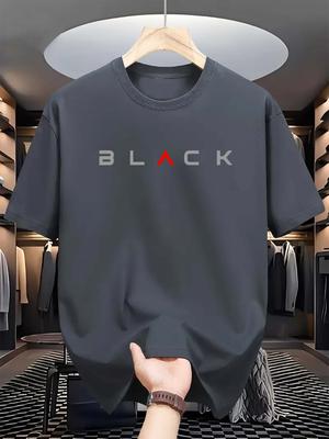 Summer Men's 100% Pure Cotton Casual Loose Fit Plus Size BLACK Letter Pattern Printed Round Neck Short Sleeved T-shirt Top