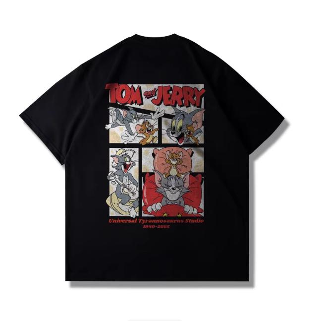 2026 Summer Comic Form Tom and Jerry Image 100 Cotton Printed Oversize Casual Tshirt Adult Children Parentchild Top Homewear