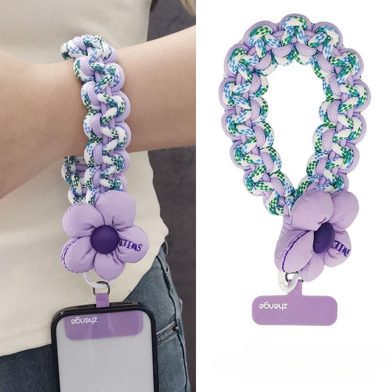 

Mobile Phone Lanyard, Flower, Woven Wrist Rope, Short Style, Instagram Fashion, Women s, Outdoor Anti Throw Rope, Travel Climbing Rope [Purple Green White]