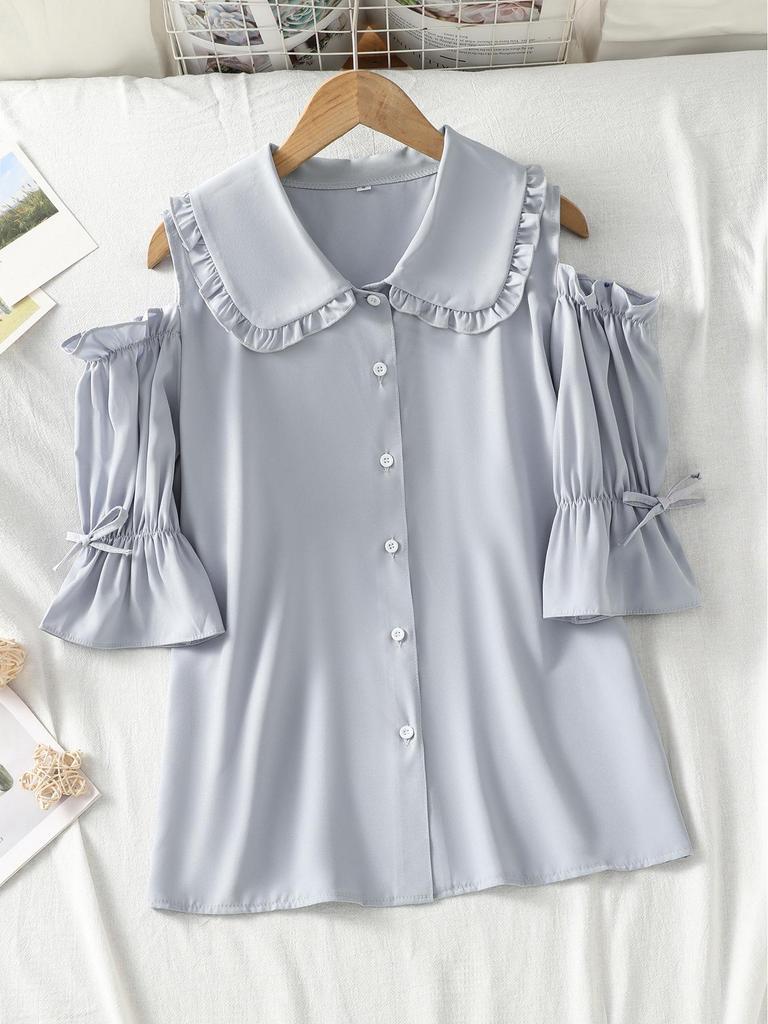 Versatile Ruffle Doll Collar Blouse - Women's Short-Sleeve, Pleated, Loose Fit, Solid Color