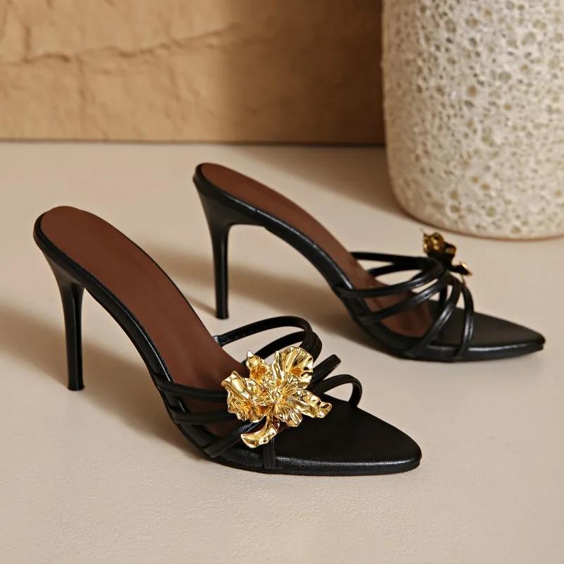 

Темпераментные шлепанцы с цветами Летние Новые Круглый носок Открытый носок Тонкий ремешок Нескользящие Износостойкие Высокий каблук 41 чёрный