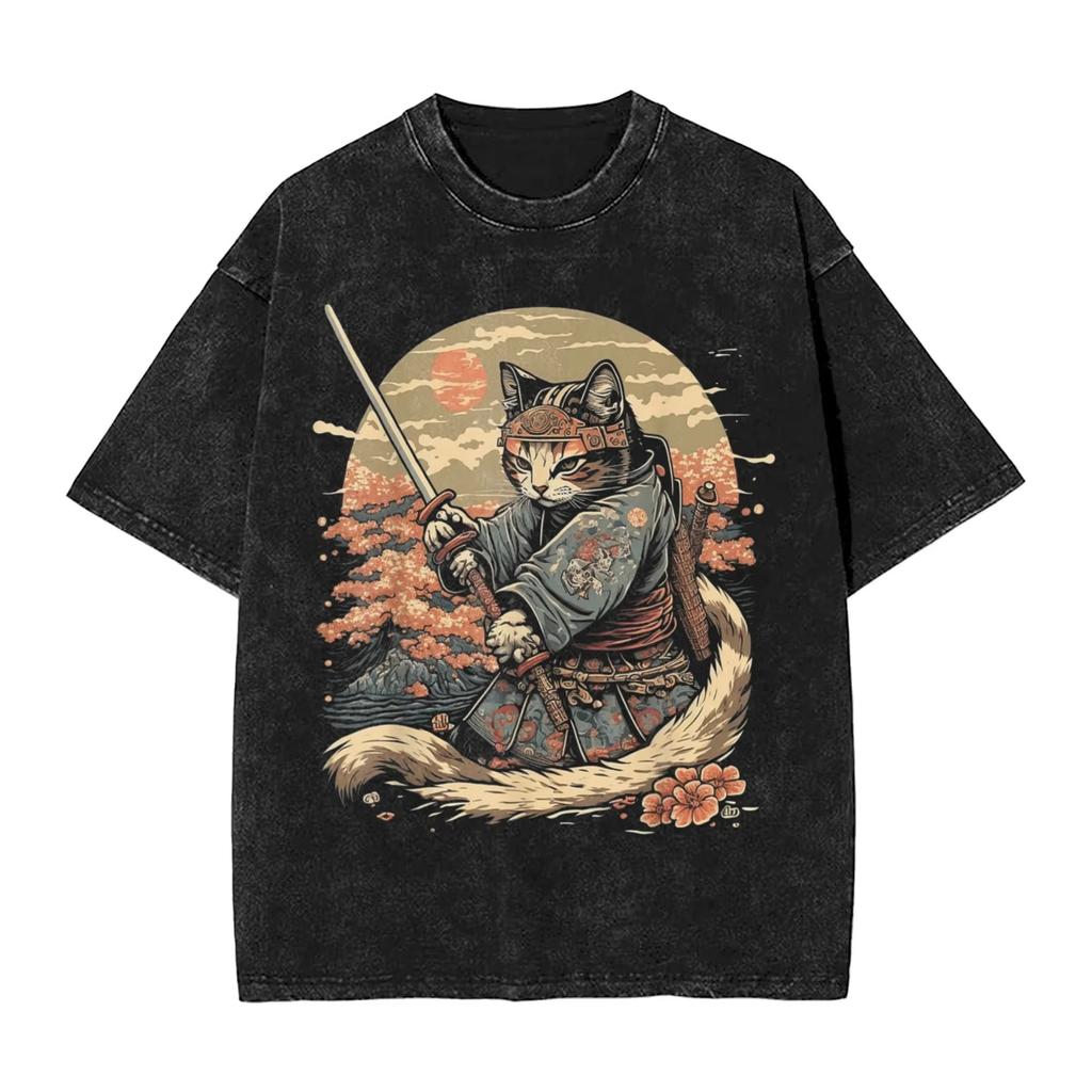 Japanese Ramen Cat T Shirt Men Women Funny Black Cat Eating Noodles Graphic Tee Washed Vintage Summer Top Harajuku Streetwear