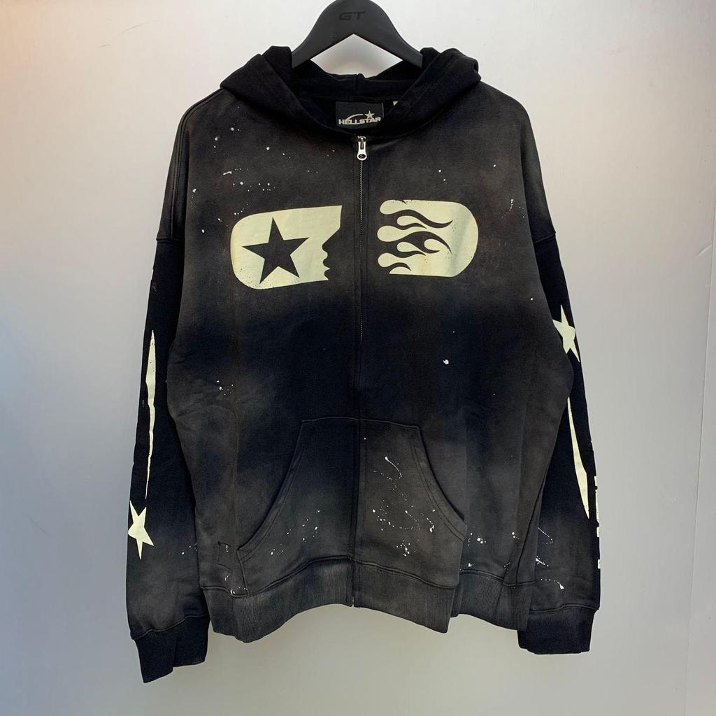 Hellstar Ausgefranster Retro Lockerer Reißverschluss Reiner Baumwoll Hoodie - Amerikanischer Hip Hop Stil