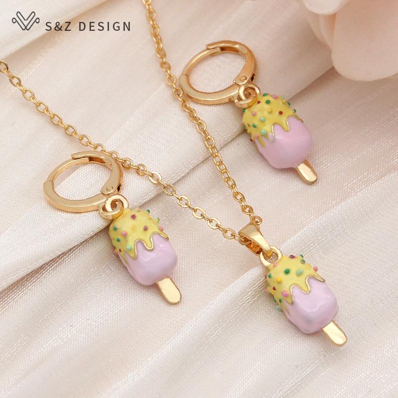 

Модные эмалированные красочные серьги-капли с мороженым, комплекты ювелирных украшений для женщин и девочек, золотого цвета, кулон, ожерелье, подарок