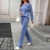 Women's Fashionable And Comfortable Round Neck Knit Long Sleeve Brushed Pants Loungewear Set