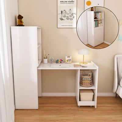 Extendable Desk with Storage Cabinet, Folding Desk with Adjustable Shelves & Tabletop, White, for Bedroom & Study (Office Desk with Storage)