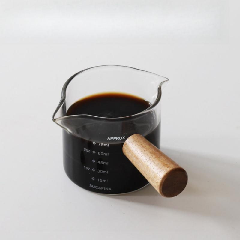 75ml/210ml Glass Measuring Cup with Wood Handle Espresso Measuring Cup Single/Double Mouth Milk Coffee Clear Mug Coffee Supplies