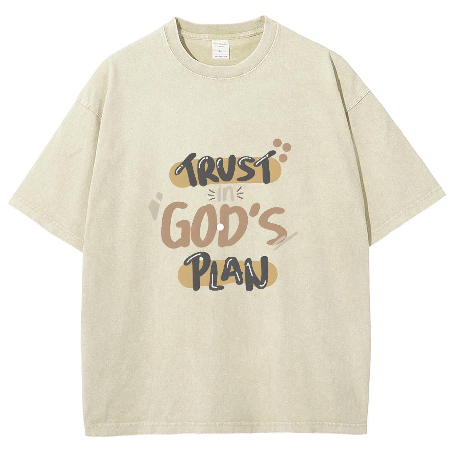 Trust God's Plan Monogram Print Women's Washed T-Shirt Summer New Oversized Short Sleeve Simple Casual Top Basic Tee