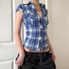 European and American Cross-Border Retro Blue and White Plaid Short-Sleeve Shirt with Buttoned Collar and American-Style Waist-Cinching Short Top
