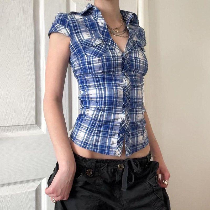 European and American Cross-Border Retro Blue and White Plaid Short-Sleeve Shirt with Buttoned Collar and American-Style Waist-Cinching Short Top