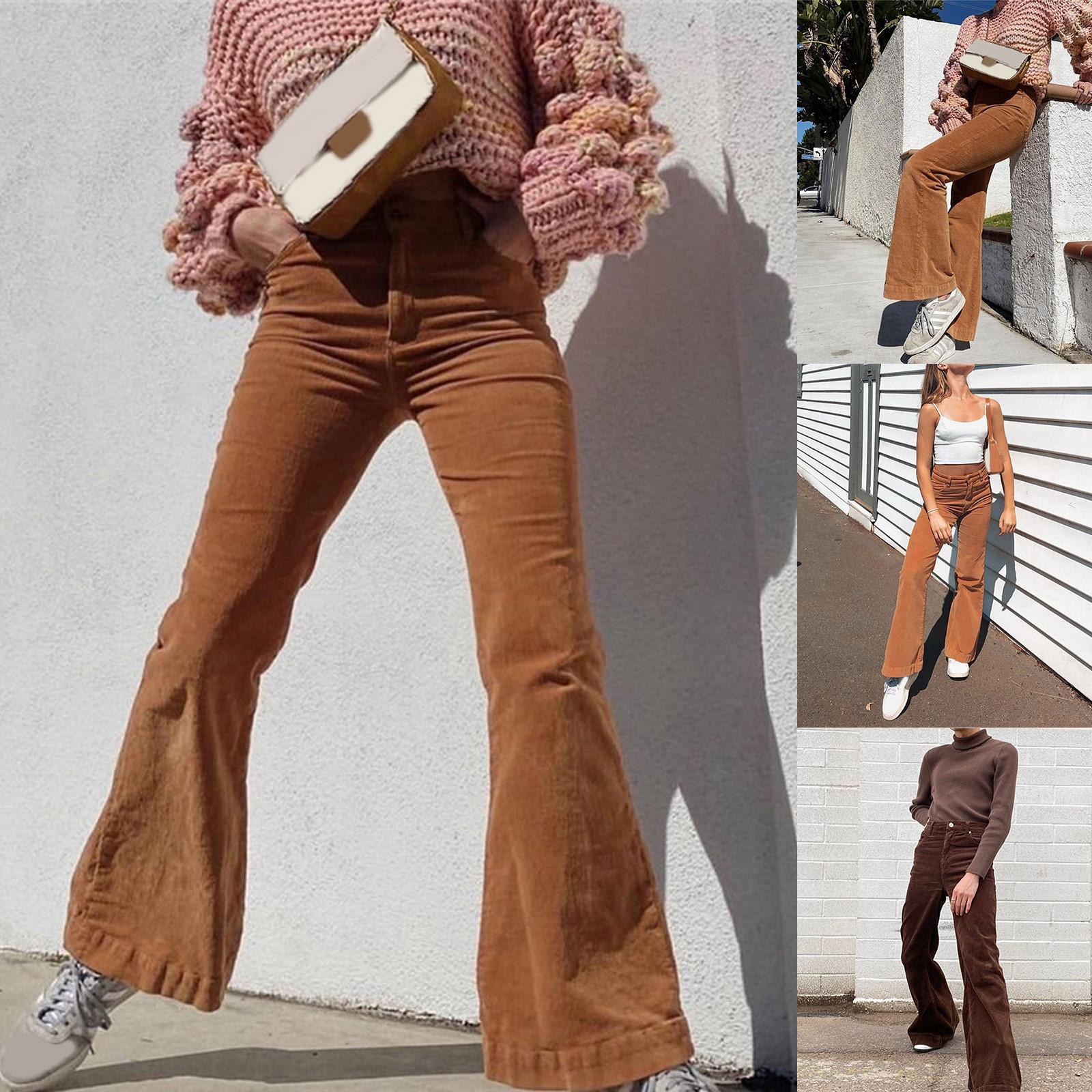 

Модные женские вельветовые брюки с высокой талией, однотонные расклешенные брюки длиной до ног, повседневные брюки S коричневый