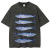 Interesting sardine pattern T-shirt retro Water Wash vintage Short Sleeve Men's and women's loose street style fashion top