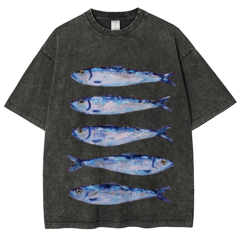 Interesting sardine pattern T-shirt retro Water Wash vintage Short Sleeve Men's and women's loose street style fashion top
