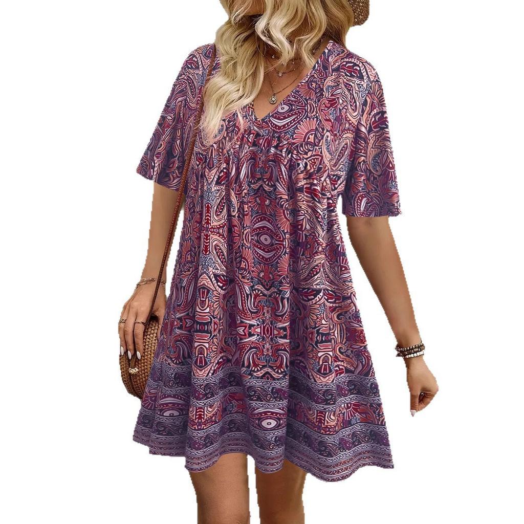 TEMU summer new v-neck print casual fashion short-sleeved women's dress