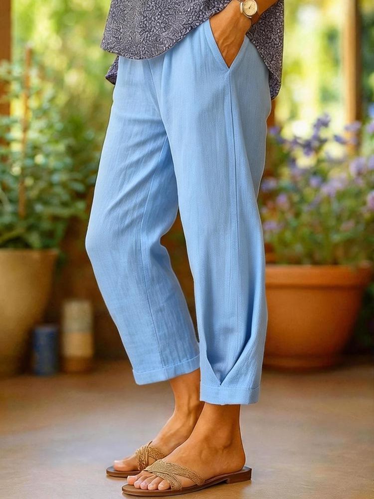Women's Cotton Linen Elastic Waist Straight Pants