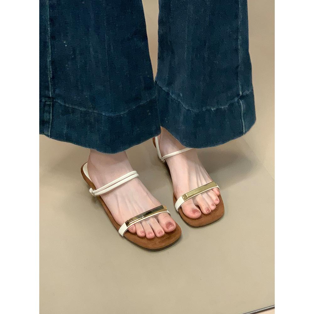 MUKEKe Korean version solid color one-word drag 2025 summer new summer low heel two wear one-word sandals