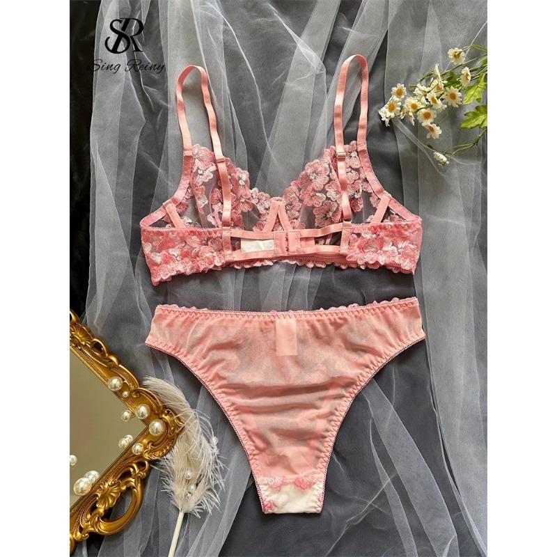 SINGREINY Mesh Sheer Lingerie Two Pieces Suits French Floral Seusual Underwear Sets Women Embroidery Sexy Bra&Briefs Sets