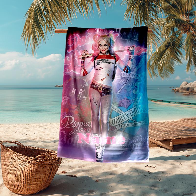 Custom Name Ultra-Soft Beach Towel with Harley Quinn Theme,Ideal for Pool - Camping, Diving - Perfect Travel Essential, Vibrant Beach Towel.