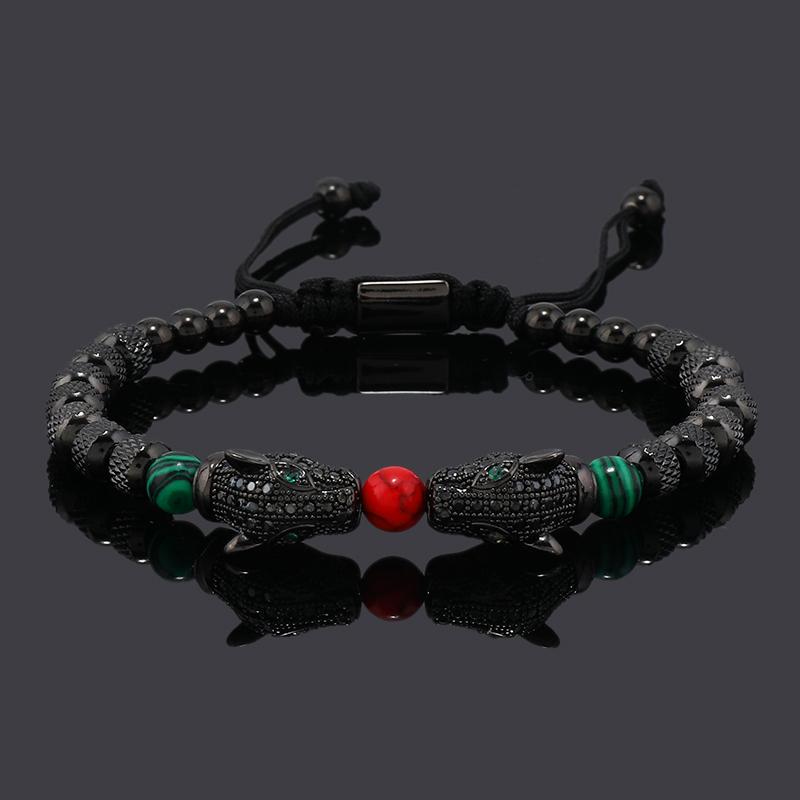 Breloques Tête de Léopard de Luxe Bracelet Homme Perles Acier Inoxydable Bracelets Femme Bijoux Cadeau Couple Amoureux noir