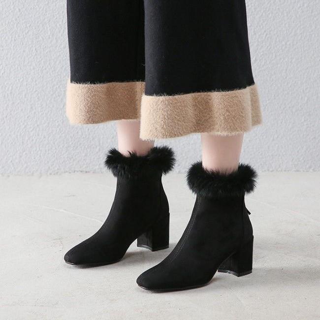 Béžové dámské kotníkové boty na vysokém podpatku 2025 zima nové silný podpatek univerzální sametové teplé módní boty z bavlny v zahraničním stylu dámské boty