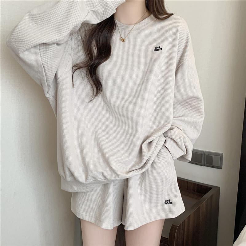 Waffle Casual Sports Suit Women's Loose Long Sleeved Sweatshirt Wide Leg Shorts Two-piece Set