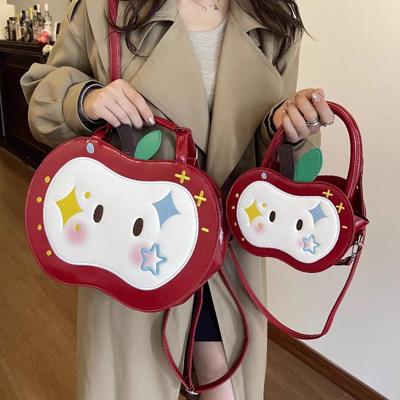 Cute Apple Shaped Backpack For Women Kawaii Red Leather Cartoon Design Bag Portable Handbag Crossbody Shoulder Bag Fashion Purse