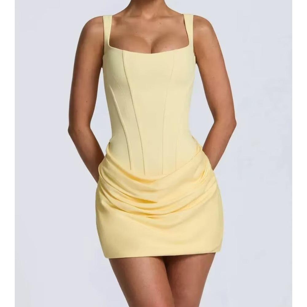 Women's Square Neck Sleeveless Mini Dress Slim Fit Side Ruched Solid Polyester Spaghetti Strap Club Bodycon Dress